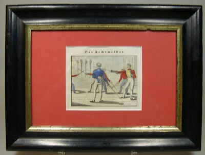 Studentika. Der Fechtmeister. Kolorierter Stahlstich. Um 1840  - Bild 1 von 2