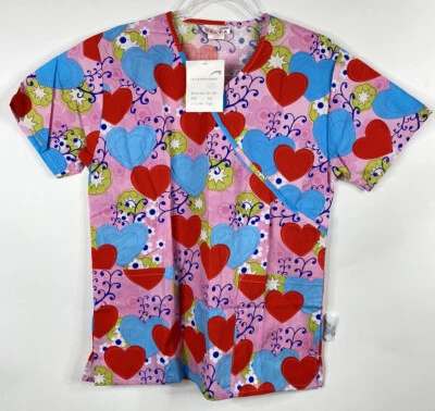 Delta Uniforms Scrub Top Women's Size XS Pink Red Hearts Mock Wrap 2PKT NWT - Image 1 of 4