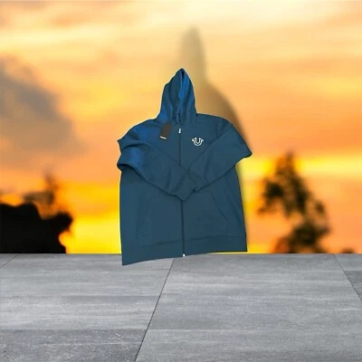 NWT True Religion Mens Size 2xl Full Zip Hoodie Old Skool Majolica Blue Buddha - Imagem 1 de 4