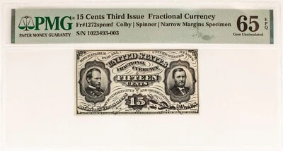 Fr-1272spnmf, 15c Grant-Sherman Specimen, US Fractional Currency, PMG 65EPQ - Image 1 of 4