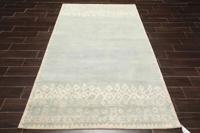 5' x 8' Handmade 100% Wool Patterned Transitional Oriental Area Rug Aqua Beige - Image 1 of 4