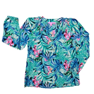 Lilly Pulitzer Women's Elsa Silk Blouse Blue Pink Tropical Print size Small - Picture 1 of 7