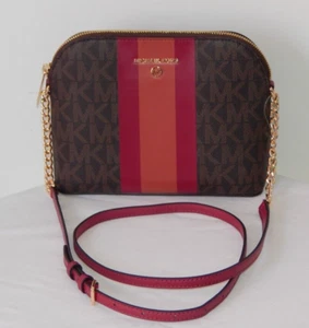NWT MICHAEL KORS MK MONOGRAM Center Stripe CINDY LG Dome CHAIN XBODY BAG Berry - Picture 1 of 7