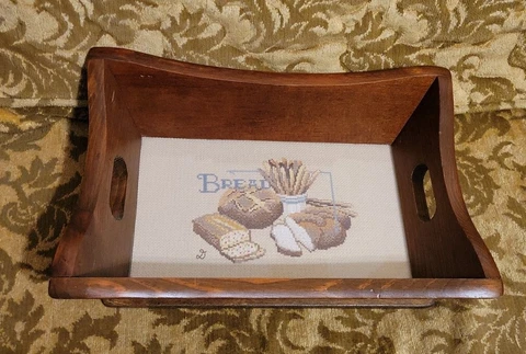 Wooden Bread Tray w Needlepoint in Bottom Cover