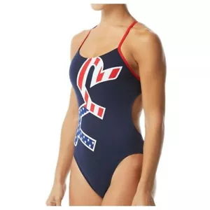 Costume da bagno donna nuovo con etichette *blowout sale* Tyr grande logo bandiera USA DONNA TAGLIA 36 NAVY - Foto 1 di 2