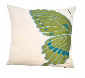 Pier 1 Canvas Split Butterfly Pillow Embroidered Olive Blue Turquoise 17" x 17" - Picture 1 of 7