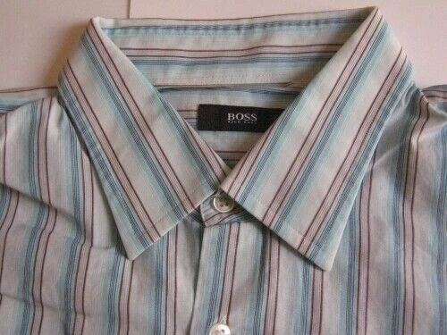 HUGO BOSS Camicia KW 43 Manica Lunga Blu Turchese Strisce #C1088 - Immagine 1 di 1