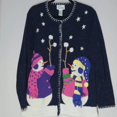 Vintage Quaker Factory Winter Christmas Sweater Knit Cardigan Snowman Size L - Image 1 of 4