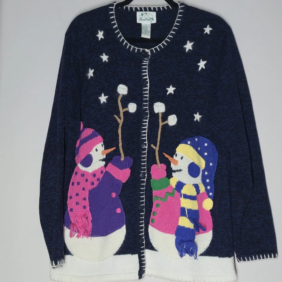 Vintage Quaker Factory Winter Christmas Sweater Knit Cardigan Snowman Size L - Image 1 of 4