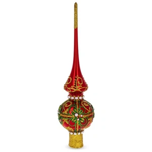 & Gold Glitter Pearls & Floral Accents Glossy Red Glass Tree Topper 11 Inches - Picture 1 of 4
