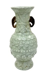 Vaso porcellana smaltata crepitante Celadon luce cinese vintage con manici testa di elefante - Foto 1 di 16