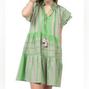 Uncle Frank grün & rosa Boho Quaste Rüschenärmel Stufen Taschen Kleid L - Bild 1 von 13