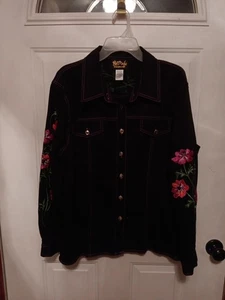 Bob Mackie Wearable Art Button Shirt Jacket Black Size Large Embroidered Roses - Picture 1 of 8