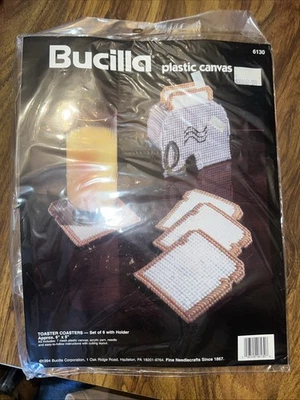 Bucilla ~ TOASTER COASTERS Set of 6 w/HOLDER - Plastic Canvas Kit #6130 - New - Image 1 of 2