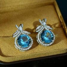 3Ct Round Lab Created Blue Topaz Diamond Women's Earring 14k White Gold Plated