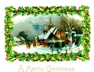 c1909 Christmas Church People Holly Frame John Winsch Back Embossed Postcard (A4 - Picture 1 of 3