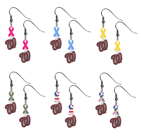 Washington Nationals 2 Ribbon Earrings Pink Cancer Blue Yellow Camo USA Crucial Cover