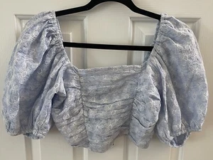 BNWT Miou Muse Blue Embroidered Puffy Sleeved Crop Top Size S - Picture 1 of 6