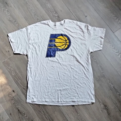 Indiana Pacers Mens Shirt XL Short Sleeve T NBA Blue Gold Distressed Logo White Cover