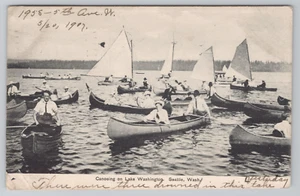 Seattle WA Canoeing on Lake Washington Postcard Sailboat Sailing c. 1907 - Picture 1 of 6