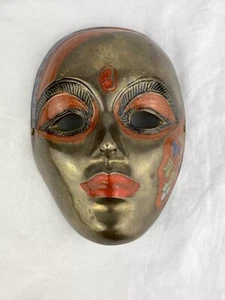 Vintage Solid Brass Enamel Mardi Gras Face Mask Wall Hanger Shelf Decor India - Picture 1 of 10