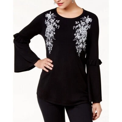 ALFANI NEW Women's Embroidered Bell Sleeves Crewneck Sweater Top TEDO - Image 1 of 2