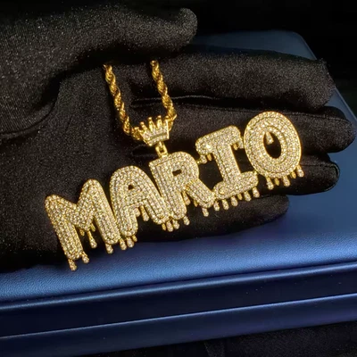 Custom Name Bubble Letters Pendant Necklace Zirconia Jewelry Crown Women Men - Image 1 of 4