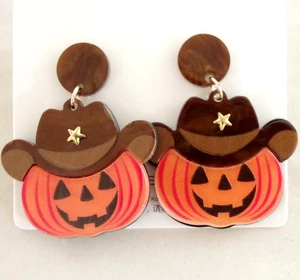 COWBOY HAT JACK-O-LANTERN PUMPKIN LAYERED ACRYLIC DROP DANGLE HALLOWEEN EARRINGS - Picture 1 of 19