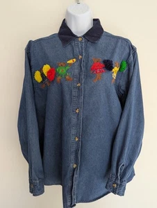 Vintage 90s School Teacher Chambray Denim Shirt Cheerleader Bears Size PM - Bild 1 von 11