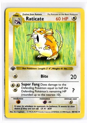 1999 TCG Pokémon #40 Raticate 40/102 1st Edition Shadowless - Image 1 of 4