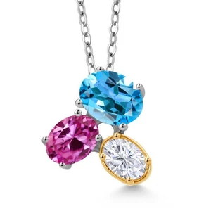 925 Silver and 10K Yellow Gold Swiss Blue Topaz Pink Created Sapphire and White - Picture 1 of 5