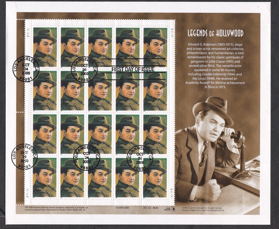USA 2000 FIRST DAY COVER FULL SHEET LEGENDS OF HOLLYWOOD EDWARD G ROBINSON - Image 1 of 1