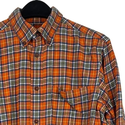 Рубашка ORVIS на пуговицах мужская M 100% хлопок оранжевая синяя клетчатая с длинным рукавом - Изображение 1 из 4