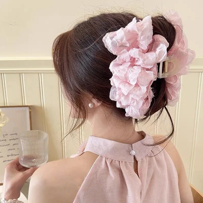 New Large Chiffon Bow Hair Claw Clip Elegant Large Size Fabric Ribbon Flower. - Image 1 of 4