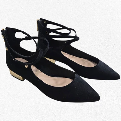 Aldo Black Suede Marieta Lace-Up Flats Gold Heel Zip Ballet Shoes Size 6.5 NWT - Image 1 of 4