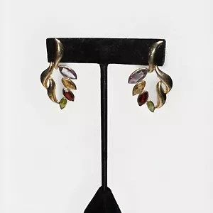 14 K  Gold Amethyst Citrine Garnet Peridot Dangle Leaf Earrings 1.5" Long 5.89g - Picture 1 of 10
