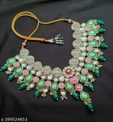 Индийский золотой тонированный изумруд зеленый Кундан ошейник ожерелье комплект с серьгами - Изображение 1 из 3