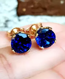 2.80ct Natural VS Blue Sapphire 14K Yellow Solid Gold Stud Earrings Push Back - Picture 1 of 9