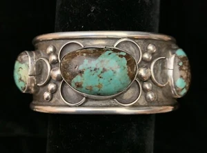 VTG Navajo Godber Turquoise Stone 8” Cuff Bracelet 87g Sterling Silver Signed - Picture 1 of 8