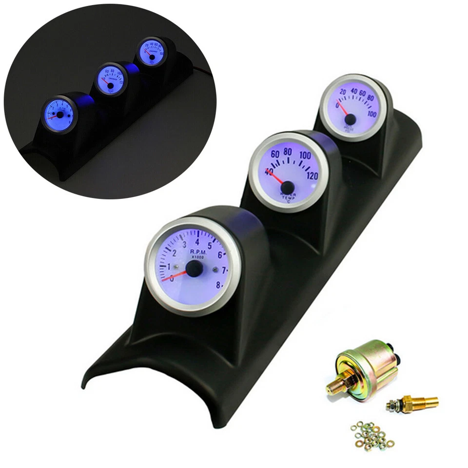52mm Car Triple Gauge Kit 3in1 Tachometer RPM Water Temp Oil Pressure 12V Foto 1 de 4