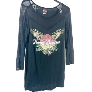 Harley-Davidson Womens Black Graphic T-Shirt Sheer Sleeves/Neck Stretchy Small - Picture 1 of 9