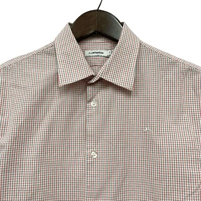 J. Lindeberg Mens Button Front Shirt Mini Check Plaid Embroidered White/Red Sz M - Image 1 of 4