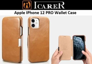 Apple IPhone 12 PRO vintage series Genuine leather wallet by Icarer Light Brown - Picture 1 of 12