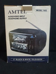 VINTAGE AMTEL 1403 3 WAY PORTABLE 5" BLACK + WHITE TV ORIGINAL BOX GREAT COND - Picture 1 of 9