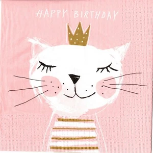 SERVIETTES EN PAPIER CHAT ANNIVERSAIRE DESIGN ROSE. PAPER NAPKINS CAT BIRTHDAY - Picture 1 of 1
