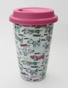 Tazza/Tazza da viaggio in ceramica doppia parete design cane carino coperchio silicone rosa bianco - Foto 1 di 8