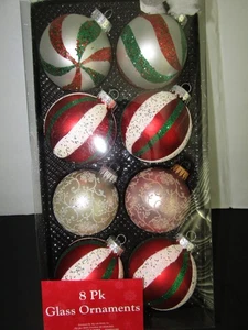 GRAN LOTE Juego de 6 BOLAS DE VIDRIO BRILLANTES ROJAS, VERDES a rayas y 2 rosas adornos de 3" - Imagen 1 de 7
