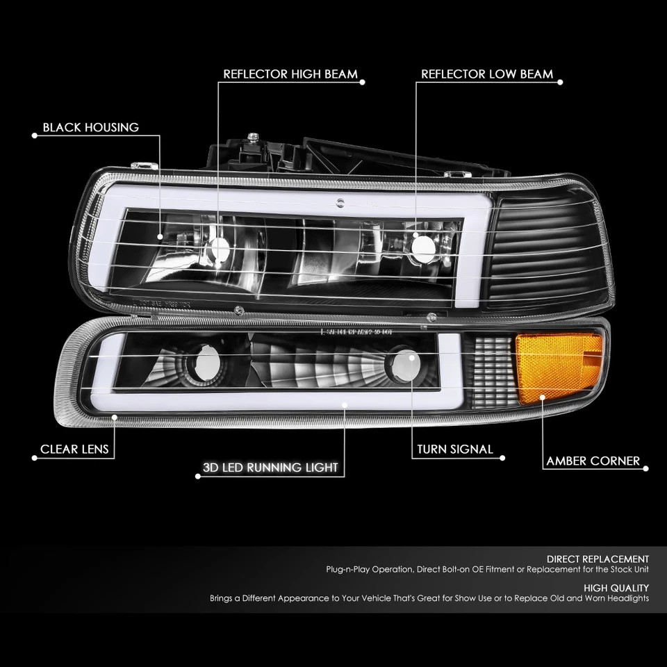 Faros LED DRL Fit 99-06 Silverado Suburban Tahoe en forma de C + lámparas de parachoques Foto 1 de 4