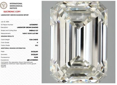 10.06 Emerald Lab Grown Diamond For Engagement Ring IGI Certified H VS2 - Image 1 of 4
