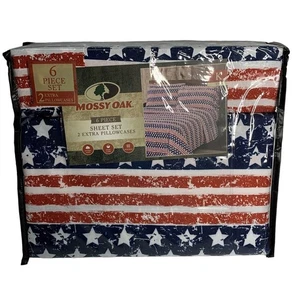 Mossy Oak Sheet Set King 6 Pc 2 Extra Pillowcases Stars & Stripes Patriotic - Picture 1 of 5